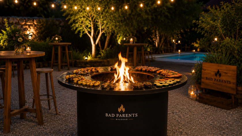 Brasero Bad Parents installé dans un jardin lors d'un anniversaire en soirée avec ambiance chaleureuse.