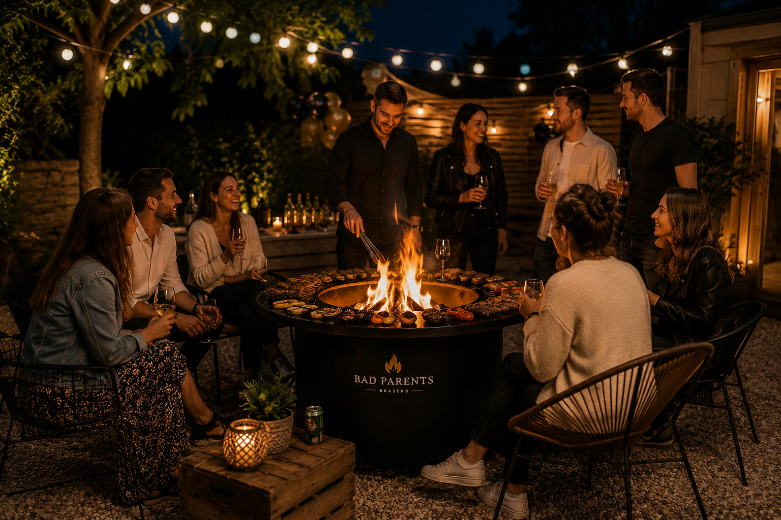 Des invités profitent d'une soirée conviviale autour d'un brasero Bad Parents avec grillades et feu de bois.