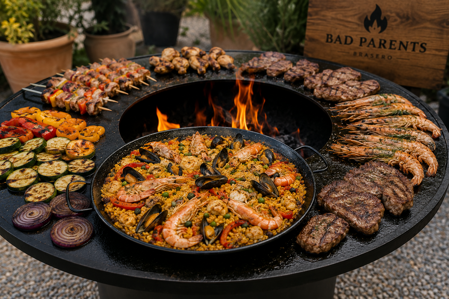 Paella, viandes, gambas et légumes cuisinés sur un brasero Bad Parents lors d'un événement en extérieur.